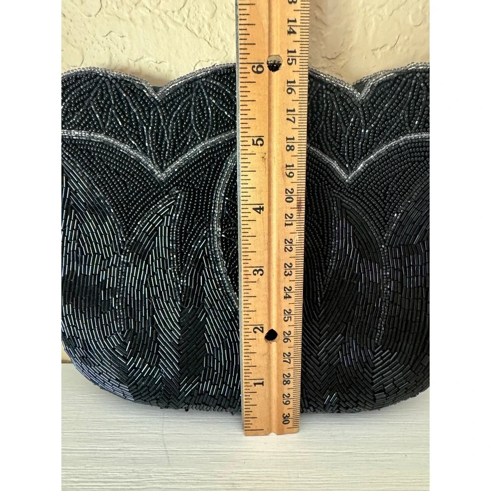 Vintage Black Beaded Clutch Evening Bag Art Deco Style Handbag Scalloped Floral - Picture 3 of 8